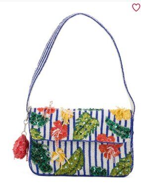 India Beaded Bag Beaded Sequin Hibiscus 3D Flower Striped w Keychain Charm NWT